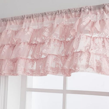 Kotile Pink Ruffle Lace Valance for Windows W52 x L18 Inch, 1 Panel - color: Pink - Ruffle Lace