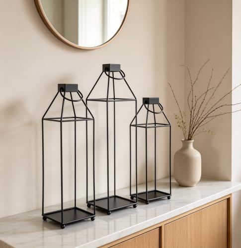Lanterns Decorative Tall Large Metal Candle Set of 3, Black （16.6",14.7",12.9"） Modern Farmhouse Decor, Indoor, Outdoor, Tabletop, Porch, No Glass NO Candles
