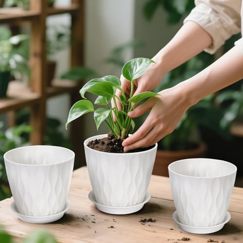 GARDIFE 7 Pack Plant Pots 4-7 inch with Drainage Holes and Tray, White - color: White