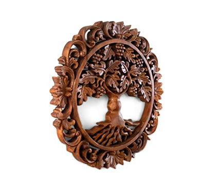 G6 Collection 12" Wooden Hand Carved Tree of Life Wall Art Relief Panel Handcrafted Wall Plaque Gift Home Decor Accent Handmade Wood Decoration Rustic Artwork Floral (Grapevine)