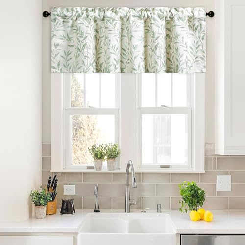 VOGOL Leaf Pattern Valance, Faux Linen Window Topper, 60x18, Green - color: Green, size: 60"W x 18"L (Pack of 1)