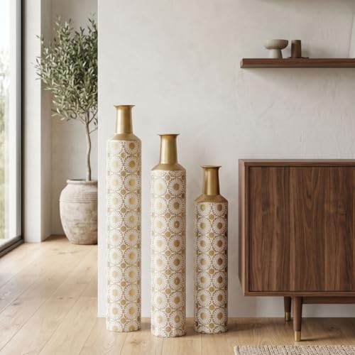 Metal Floor Vases with Embossed Leaf Pattern Set of 3, Tall Gold Decorative Vases for Living Room & Entryway, Large Modern Farmhouse Home Decor for Gold Geometric Floral
