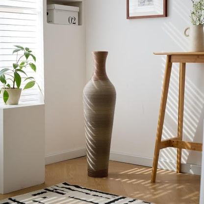 39-Inch Tall Floor Vase, Modern PVC Decorative Ribbed Design with Artificial Rattan Look, Large Statement Piece for Living Room, Freestanding Flower Holder