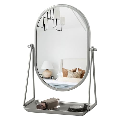 Small Vanity Makeup Mirror Desk Mirror with Storage Tray Silver - color: Oval-silver