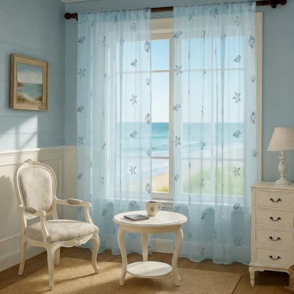 Tegeme 2 Panels Blue Ocean Sheer Curtains for Bedroom 84 Inch - color: Blue, style: Ocean