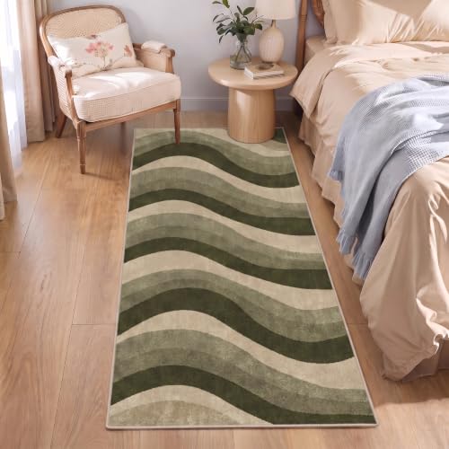 2X6 Olive Green and Beige Abstract Wave Area Rug for Living Room - color: Olive Green/Beige, size: 2' x 6' (Rectangular)