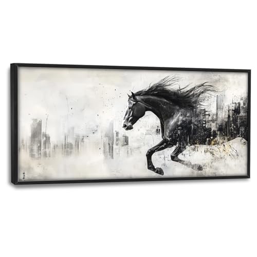 Trulave Framed Large Running Horse Wall Art Decor for Living Room 60''x30'' | Black Horse Canvas Wall Decor City Picture Framed Painting Abstract Modern Artwork for Bedroom Office - color: Black Horse, size: 60"L x 30"W