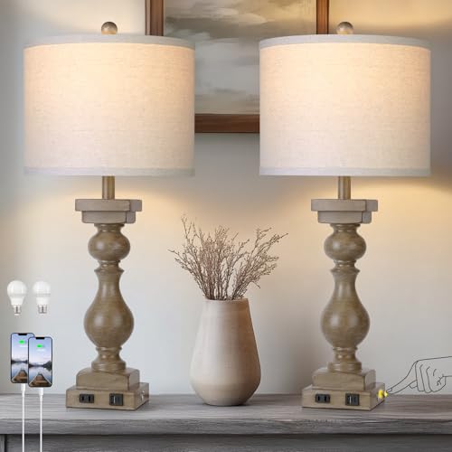 28" Tall Farmhouse Table Lamps Set of 2 with USB A+C Ports and AC Outlet, 3 Way Touch Rustic Bedside Lamps for Living Room, Brown Vintage Lamps for Bedroom - color: Brown