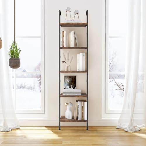 ELYKEN Ladder Shelf, 5-Tier Wood Wall Mounted Ladder Bookshelf - color: Rustic Brown