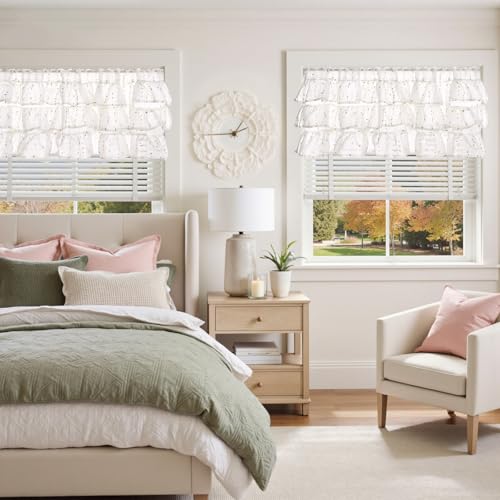 jinchan Mini Pom-Pom Ruffled Valance for Windows 18 Inch 1 Panel Green - color: Dottie Sunlit Grove