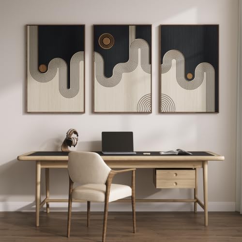 Framed 3D Wood Abstract Geometric Textured Wall Decor Living Room, 24x36 In - color: Black Beige