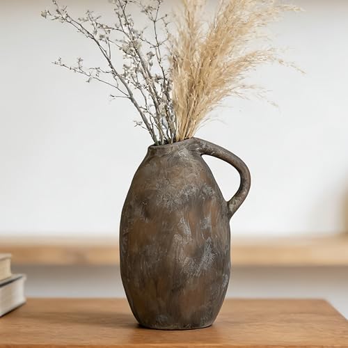 Rustic Ceramic Vase with Handle, 10.3 Inch, Farmhouse Decor, Brown - color: Brown