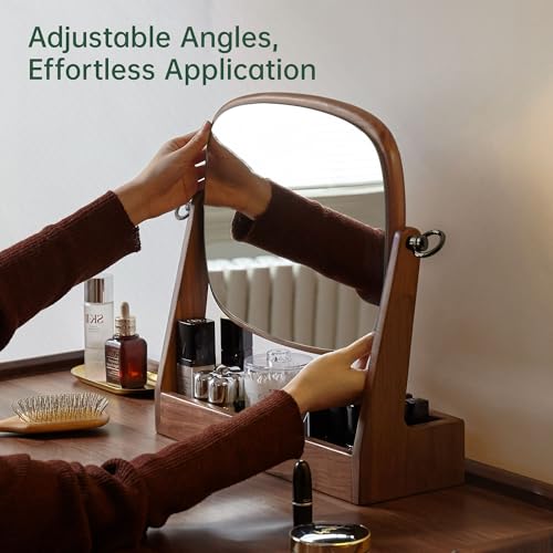 YESWOOD Vanity Makeup Mirror Tabletop with North America Black Walnut Stand, 360 Degree Swivel Magnifying Mirror with Storage for Bathroom or Bedroom, 16inch