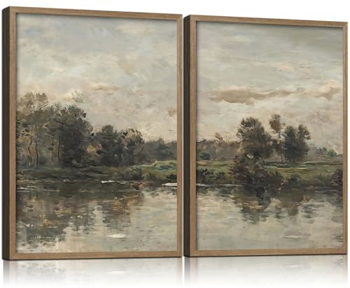 2Pcs Framed Countryside Canvas Wall Art Nature Landscape Artwork 16X12 Inch - color: Green Countryside Landscape, size: 16"L x 12"W