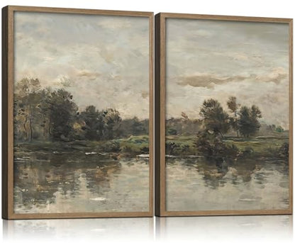 2Pcs Framed Countryside Canvas Wall Art Nature Landscape Artwork 16X12 Inch - color: Green Countryside Landscape, size: 16"L x 12"W