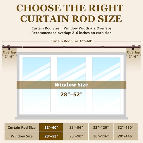Curtain Rods for Windows 32-60 Inch, 1 Inch Adjustable Brown Curtain Rod Set with Brackets, Easy Install - color: Brown, size: 32"-60"/1 Pack