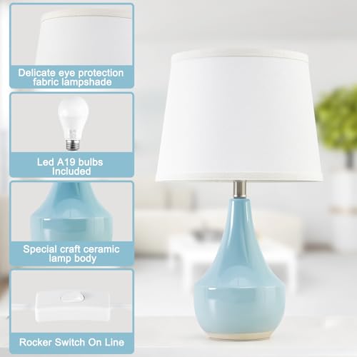 GyroVu 18" Table Lamp Set of 2, Ceramic Lamp Classic Beside Lamps Nightstand Lamp Modern Cute Lamp for Living Room, Bedroom & Office Rocker Switch Sky Blue-LED Bulbs Included - color: 18.63" Blue