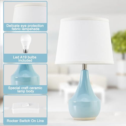 GyroVu 18" Table Lamp Set of 2, Ceramic Lamp Classic Beside Lamps Nightstand Lamp Modern Cute Lamp for Living Room, Bedroom & Office Rocker Switch Sky Blue-LED Bulbs Included - color: 18.63" Blue