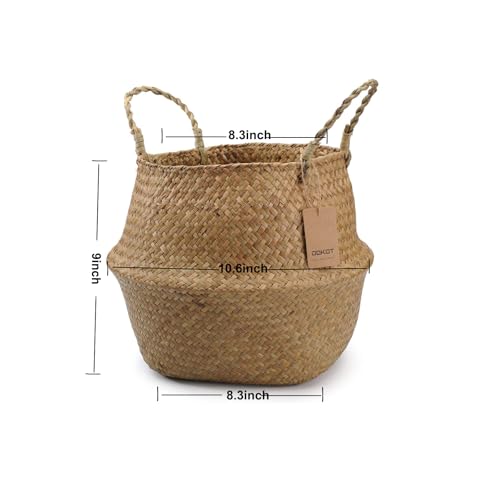 DOKOT Seagrass Plant Basket with Handles, Wicker Woven Storage Basket (8.3inch Diameter x 9inch Height), Natural - size: M (8.3" D x 9" H)