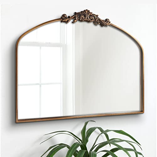 OUSHUAI Gold Arched Mirror,Baroque Brass Fireplace Mirror Decor, Victorian Vintage Mirrors with Full Matel Frame,Ornate Mirrors for Entryway/Bathroom/Living Room/Hallway 36"X30" - color: Retro Gold, size: 30"L x 36"W