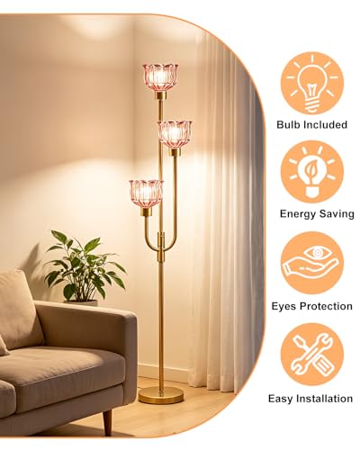 3-Light Glass Floor Lamp 66IN Modern Red Glass Gold Dimmable Floor Lamps - color: Deep Red Tulip-Gold