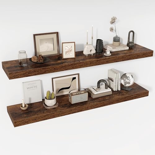 Acovy 55 Inch Floating Shelves, 12" Deep Floating Shelf Wall Mounted, 55" Wall Shelves, Rustic Deep Bookshelf, Extra Deeper & Thicker Display Shelves for Bedroom, Living Room, Brown, Set of 2 - color: Brown, size: 12"Wx55"L-2pcs