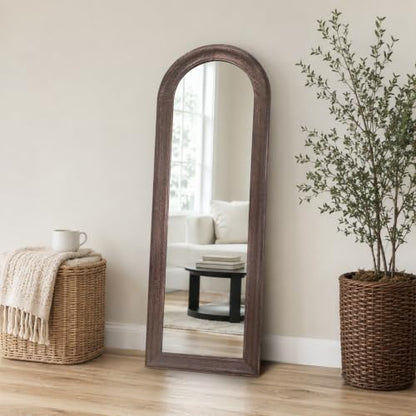 58x22 Solid Wood Arched Full Length Mirror, Elegant Brown Finish - color: Brown-ar Frame, size: 57.9"L x 21.9"W