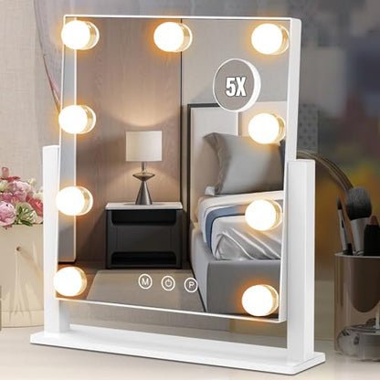 Dirket Vanity Mirror with Lights, Hollywood Lighted Makeup Mirror with 3 Color Lighting Modes and 9 Dimmable Bulbs, Detachable 5X Magnification, Smart Touch Control, 360°Rotation, White - color: 9 Bulbs