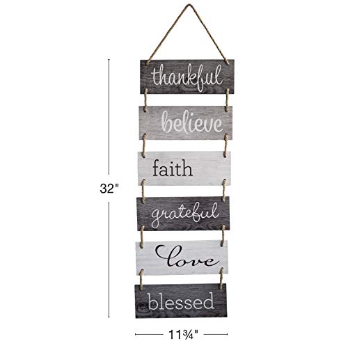 EXCELLO GLOBAL PRODUCTS Large Hanging Wall Sign: Rustic Wooden Decor (Grateful, Love, Believe, Thankful, Faith, Blessed) Hanging Wood Wall Decoration (11.75" x 32")