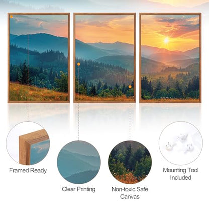 Aurlan 3 Pcs Mountain Sunset Framed Canvas Wall Art 16x24 Inch - color: Boho Mountain Sunset Landscape, size: 16"L x 24"W