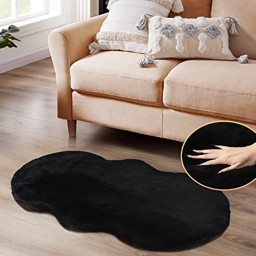 ORINOVA Black Faux Rabbit Washable Fur Area Rugs for Bedroom Small Fluffy 2x4 Fur Rug Chair Cushion Living Room Décor - color: Black, size: 2' x 4' (Oblong)
