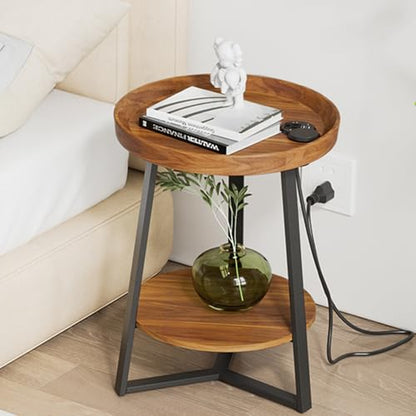 Gadroad Round End Table with Charging Station, Brown - color: Brown, size: 15.75"D x 15.75"W x 23"H (with Charging Station)