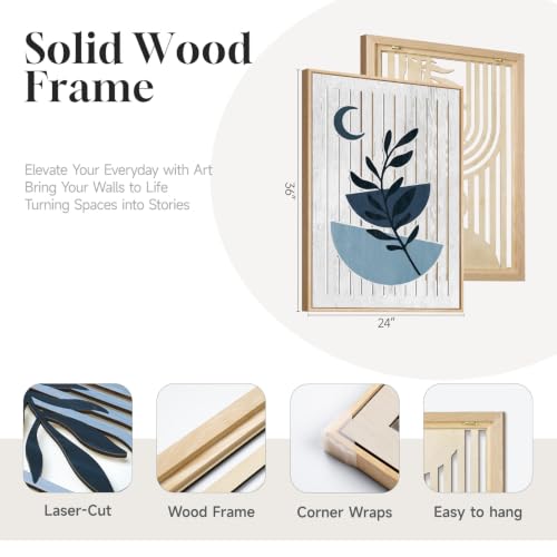 Large Framed Boho Cutout Carved Wood Wall Art for Living Room, 24x36 Inch - color: Navy Blue