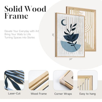 Large Framed Boho Cutout Carved Wood Wall Art for Living Room, 24x36 Inch - color: Navy Blue