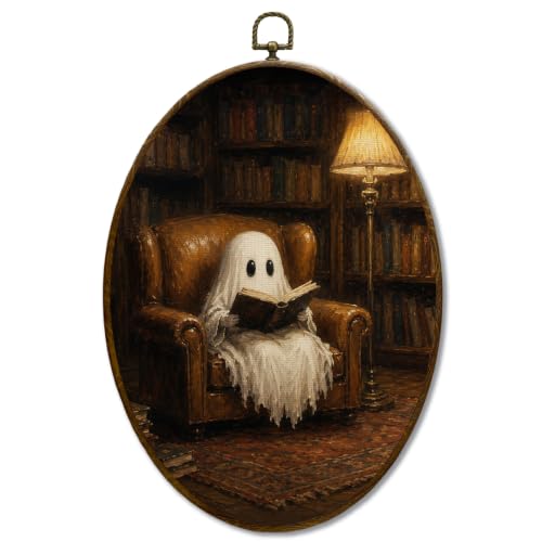 JQF Spooky Ghost Bookish Reading Oval Wall Decor Framed 8.5x11.5 Inch - color: ghost-3