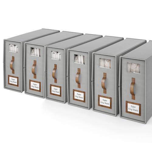 6 Pack Foldable Bed Sheets Set Organizers and Storage(Cal King Size),Linen Fabric Closet Organizers with Window,Folding Bedding Storage Box for Bedsheets and Pillow Cube Organizer-Gray - color: Gray, size: 6 Pack-Cal King Size-5.2 Gal