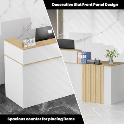 63"Reception Desk with Vertical Slat Panels for Office, Salon & Lobby - color: White/Oak, size: 62.9''L x 23.6''W x 39.3''H