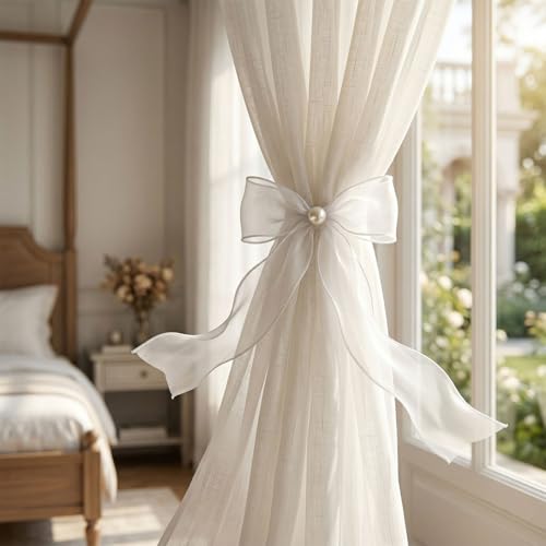 White Lace Bow Curtain Tiebacks 6-Pack, Vine Floral Curtain Holdbacks - color: Sheer White