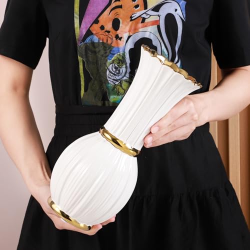 White and Gold Ceramic Tall Floor Vase 11 Inch Living Decor - size: Large
