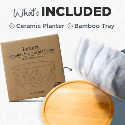 Pastel Marble Inspired 8 Inch Ceramic Succulent Planter with Drainage Hole & Bamboo Tray – Large Wide Round Pot Decorative for Indoor Plants, & Cactus