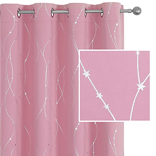 SMILE WEAVER Pink Blackout Curtains for Living Room 72 inch Length 2 Panels,Room Darkening Girls Bedroom Curtains,Silver Printed Design Soft Thick Thermal Insulated Grommet Window Drapes - color: Pink Silver, size: 52"W x 72"L (Pack of 2)