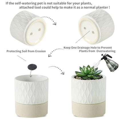 Nihow Self Watering Ceramic Plant Pot, 4.5 Inch, Cream White & Brown Net - color: Cream White & Brown Net, size: 4.5" Self Watering