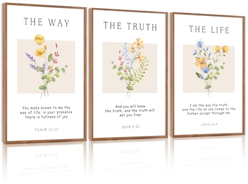 CHDITB Floral Christian Framed Canvas Wall Art Set, Bible Verse Wall Decor, The Way The Truth The Life Wall Painting,Botanical flowers Scripture Art Prints for Living Room Prayer Decor(12X16 Inch) - color: Floral wall art