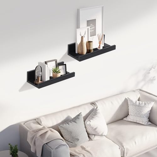 Muzilife 12" Small Floating Shelves Wood Wall Shelf with Lip, 2Pcs, Black - color: Black, size: 12"