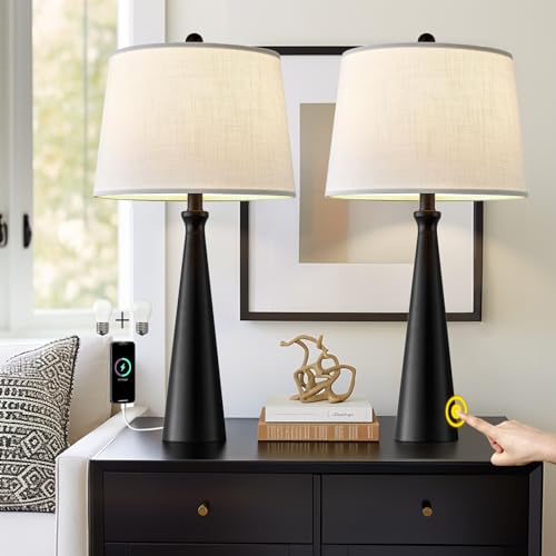 Oneach 25.75" Table Lamps Set of 2 for Living Room Bedroom, Bedside Lamp 3-Way Dimmable Touch Control, Modern Black Nightstand Light Fabric Shade Vintage Accent Style - color: Black