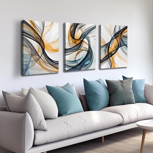 블루 옐로우 및 화이트 벽 장식 다이닝 룸용 3피스 벽 아트 주방용 추상 벽 아트 욕실용 사이즈 40.6 x 61cm(16 x 24인치) - color: 블루 옐로우 및 화이트, size: 24"L x 16"W x 3PCS