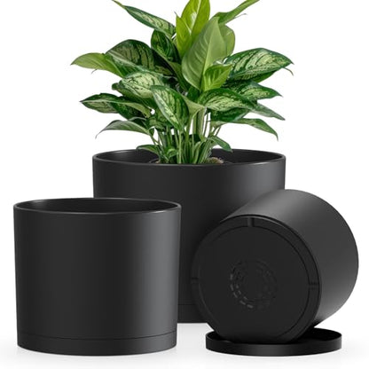 Plant Pots, 10/9/8 Inch 3 Pack Cylindrical Flower Pots with Drainage Holes and Saucers, Plastic Planters for Outdoor Indoor Plants,Black - color: Black