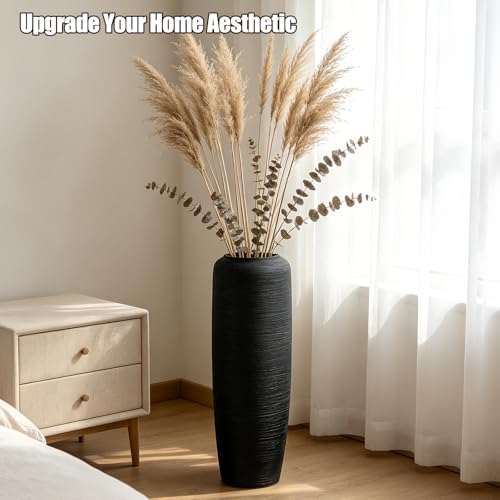 Black Rustic Ceramic Floor Vase, 24 Inch, Ribbed Texture - size: 23.6 Inch