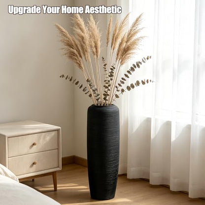 Black Rustic Ceramic Floor Vase, 24 Inch, Ribbed Texture - size: 23.6 Inch