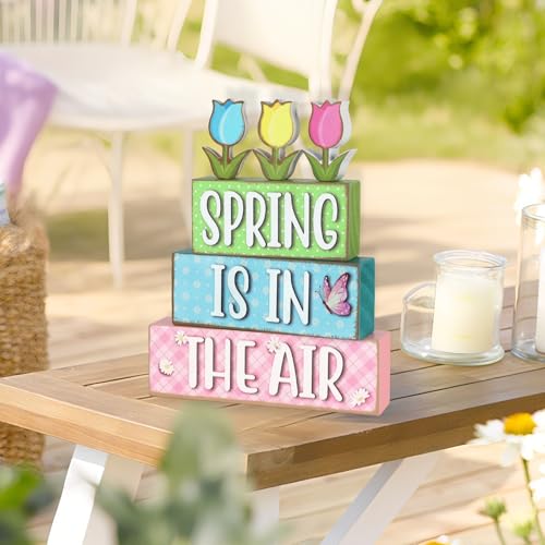 6 Pcs Spring Decorations for Home Wooden Tulips Flower Table Centerpieces Farmhouse Wood Block Signs Pastel Tulip Tabletop Easter Decor Indoor Tiered Tray Office Desk Shelf Mantel Fireplace Kitchen